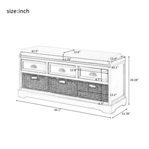 Knocbel Home Collection Wicker Storage Bench, Wood Entry Hallway Bedroom Bench Cabinet with Cushion, 3-Drawer and 3 Woven Baskets, Fully Assembled, 20.2" H x 44" L x 13.7" W (White)