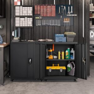 GREATMEET Metal Storage Cabinet with Wheels, Locking Cabinet with Doors and Shelf, Metal Cabinet for Tool Storage, Lockable Metal Cabinet Easy Assembled for Garage, Office, Utility Room