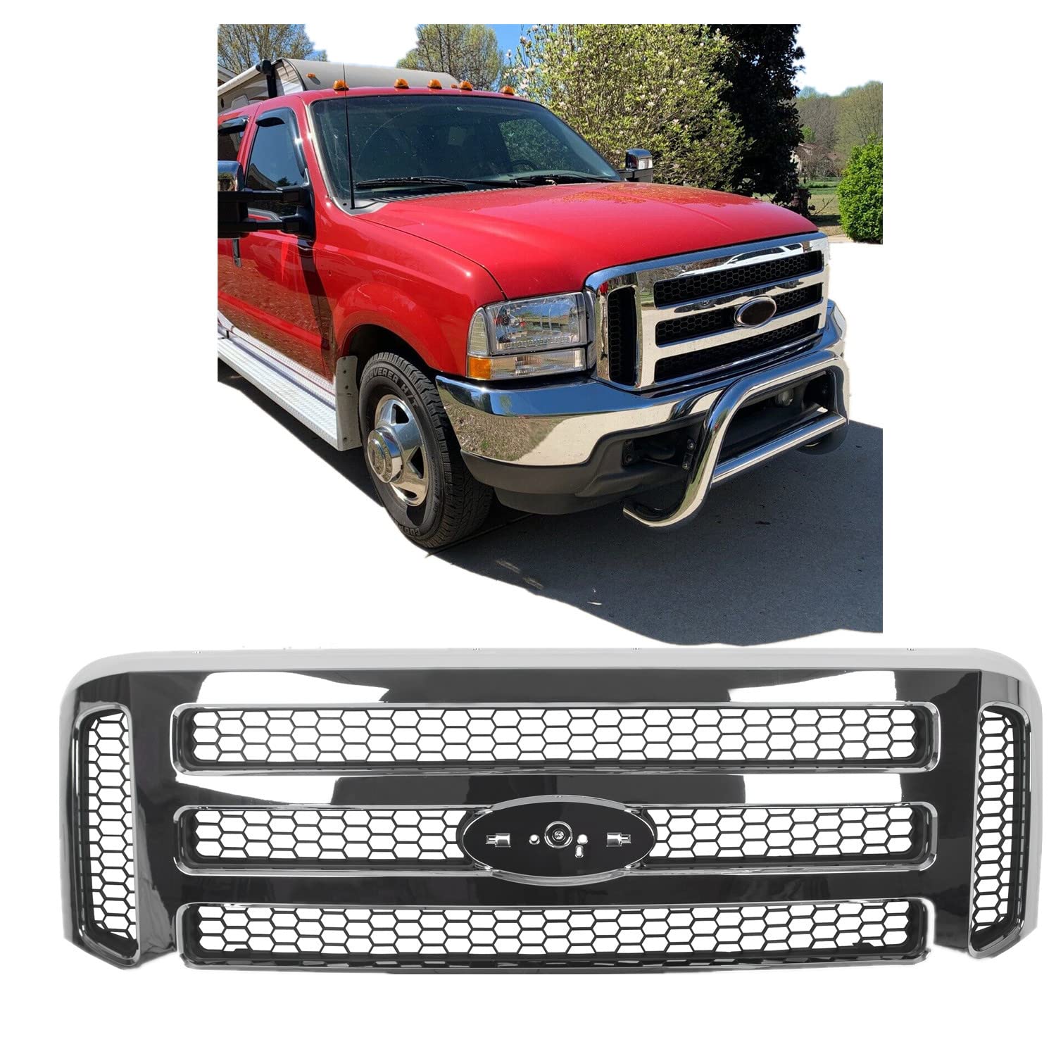 ECOTRIC Front Grille Compatible with Ford 1999-2004 F250 F350 Super Duty 2000-2004 Excursion New Grille Chrome Mesh Style