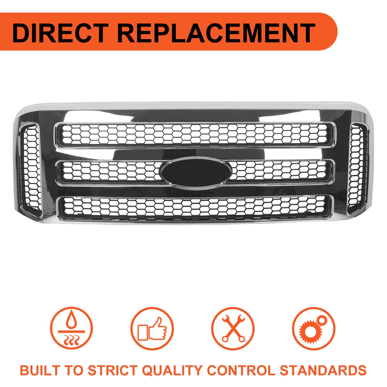 ECOTRIC Front Grille Compatible with Ford 1999-2004 F250 F350 Super Duty 2000-2004 Excursion New Grille Chrome Mesh Style