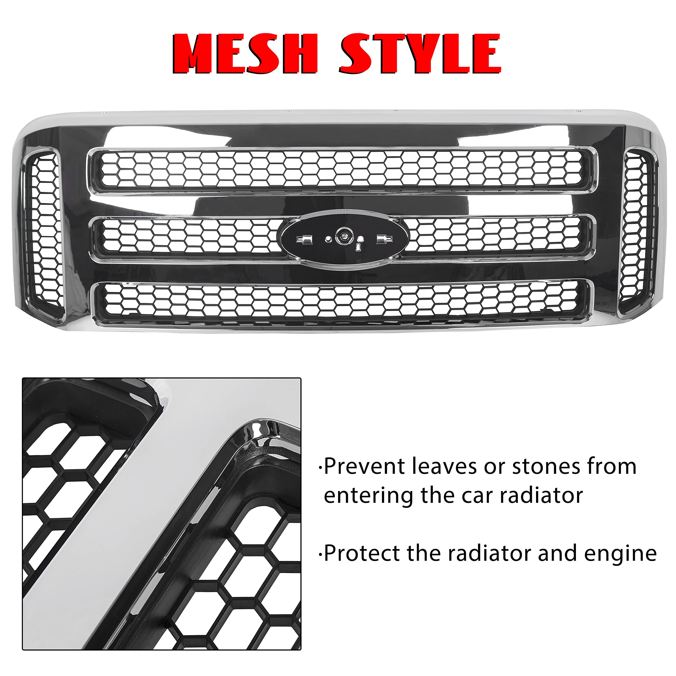 ECOTRIC Front Grille Compatible with Ford 1999-2004 F250 F350 Super Duty 2000-2004 Excursion New Grille Chrome Mesh Style