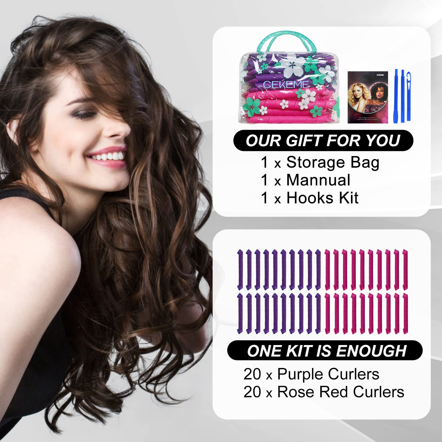 40pcs No Heat Hair Curlers Heatless Spiral Curlers with Styling Hooks 22inch/55cm Magic Hair Rollers No Heat Damage DIY Styling Kit for Women Kids Long Medium Hair