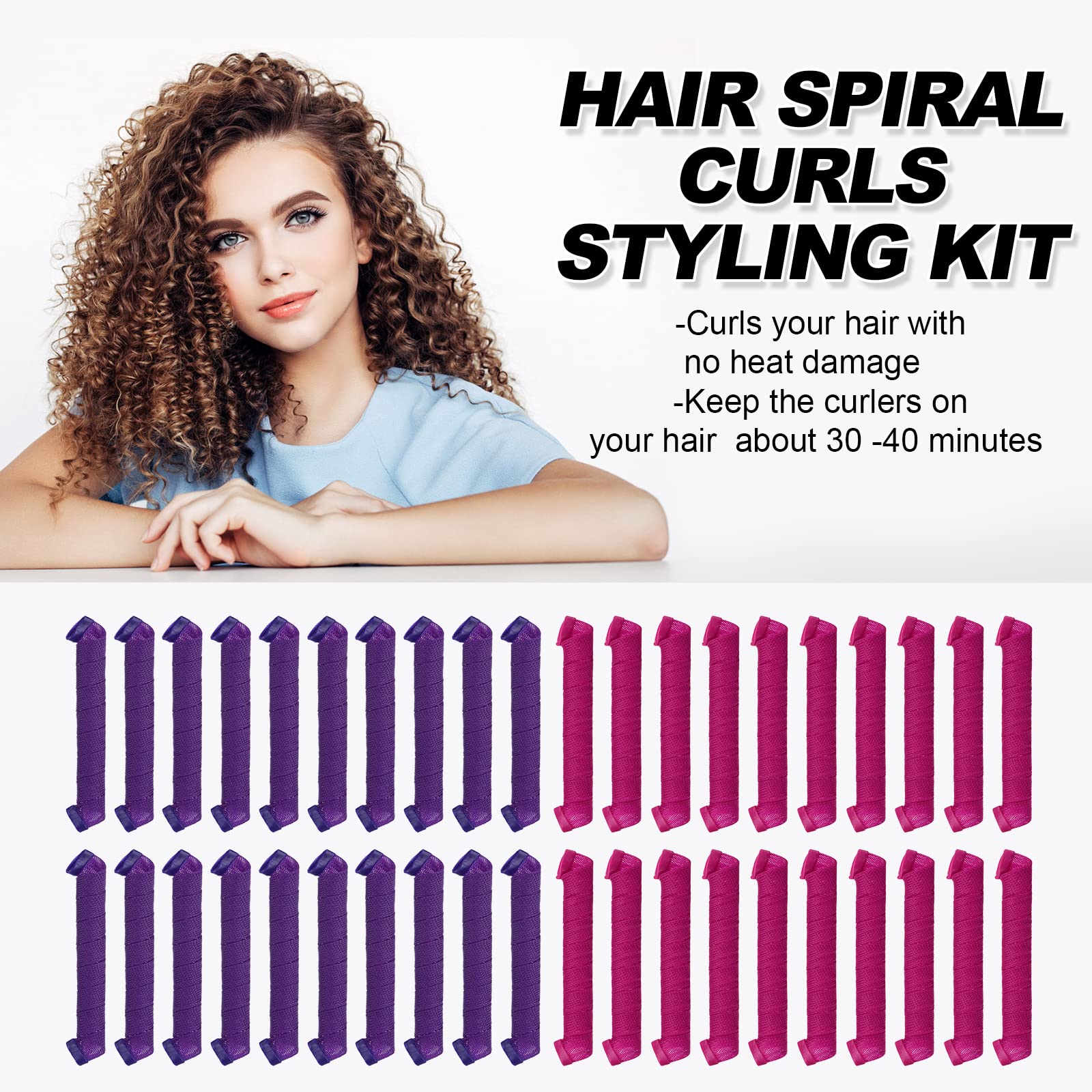 40pcs No Heat Hair Curlers Heatless Spiral Curlers with Styling Hooks 22inch/55cm Magic Hair Rollers No Heat Damage DIY Styling Kit for Women Kids Long Medium Hair