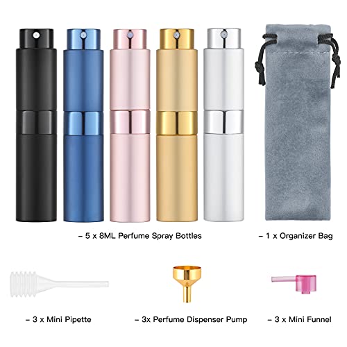 Tekson Travel Perfume Atomizer Refillable 8ml (5 PCS), Travel Cologne Sprayer Mini, Perfume Bottle Empty Small (5 Colors)