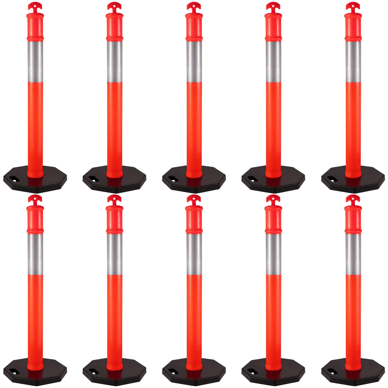 VEVOR 10Pack Traffic Delineator Posts 44 Inch Height, PE Channelizer Cones Post Kit 10 inch Reflective Band, Delineators Post with Rubber Base 16 inch for Construction Sites, Facility Management etc