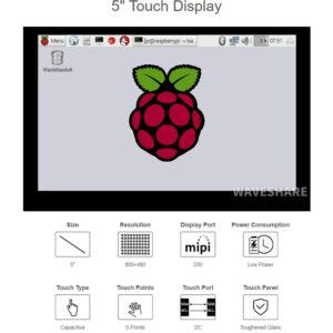 Coolwell Waveshae 5inch Capacitive Touch Display for Raspberry Pi Series and CM3/3+, 800×480, DSI Interface Up to 5-Points Touch