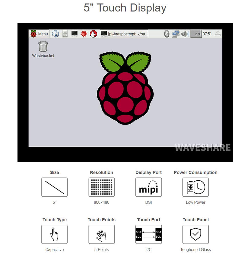 Coolwell Waveshae 5inch Capacitive Touch Display for Raspberry Pi Series and CM3/3+, 800×480, DSI Interface Up to 5-Points Touch