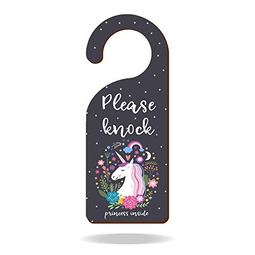 Please Knock Princess Inside Wooden Door Knob Hanger Sign for Kids' Room,Playing Room,Home, Girl's Room 9"*3.54" Unicorn with Flowers and Stars Decoration