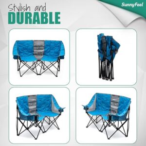 SUNNYFEEL Folding Double Camping Chair, Oversized Loveseat Chair, Heavy Duty Portable/Foldable Lawn Chair with Storage for Outside/Outdoor/Travel/Picnic, Fold Up Camp Chairs for Adults 2 People