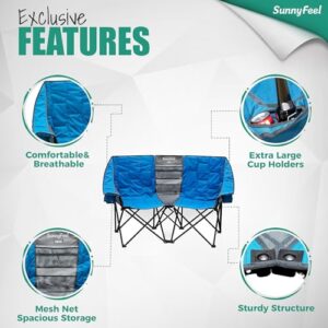 SUNNYFEEL Folding Double Camping Chair, Oversized Loveseat Chair, Heavy Duty Portable/Foldable Lawn Chair with Storage for Outside/Outdoor/Travel/Picnic, Fold Up Camp Chairs for Adults 2 People