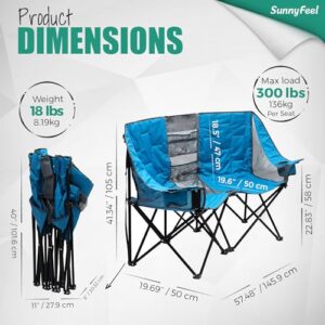 SUNNYFEEL Folding Double Camping Chair, Oversized Loveseat Chair, Heavy Duty Portable/Foldable Lawn Chair with Storage for Outside/Outdoor/Travel/Picnic, Fold Up Camp Chairs for Adults 2 People