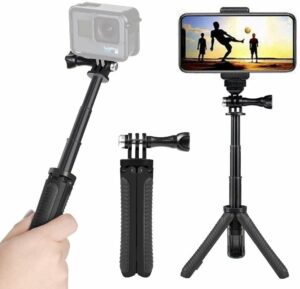 mini selfie stick tripod kit 2-in-1, compatible with gopro akaso insta360 dji osmo action camera and smartphones, 1/4 inch screw fixed, with 3-level telescopic function tripod（black）