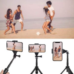 Mini Selfie Stick Tripod Kit 2-in-1, Compatible with GoPro AKASO Insta360 DJI Osmo Action Camera and Smartphones, 1/4 inch Screw Fixed, with 3-Level Telescopic Function Tripod（Black）