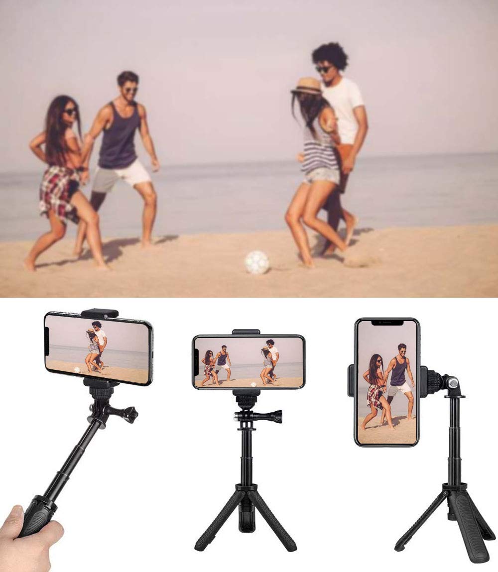 Mini Selfie Stick Tripod Kit 2-in-1, Compatible with GoPro AKASO Insta360 DJI Osmo Action Camera and Smartphones, 1/4 inch Screw Fixed, with 3-Level Telescopic Function Tripod（Black）