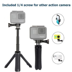 Mini Selfie Stick Tripod Kit 2-in-1, Compatible with GoPro AKASO Insta360 DJI Osmo Action Camera and Smartphones, 1/4 inch Screw Fixed, with 3-Level Telescopic Function Tripod（Black）