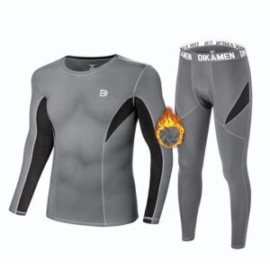 dikamen men's thermal underwear fleece lined performance fleece tactical sports shapewear thermal set (grey, large)