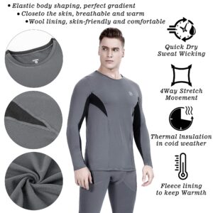 DIKAMEN Men's Thermal Underwear Fleece Lined Performance Fleece Tactical Sports Shapewear Thermal Set (Grey, Large)