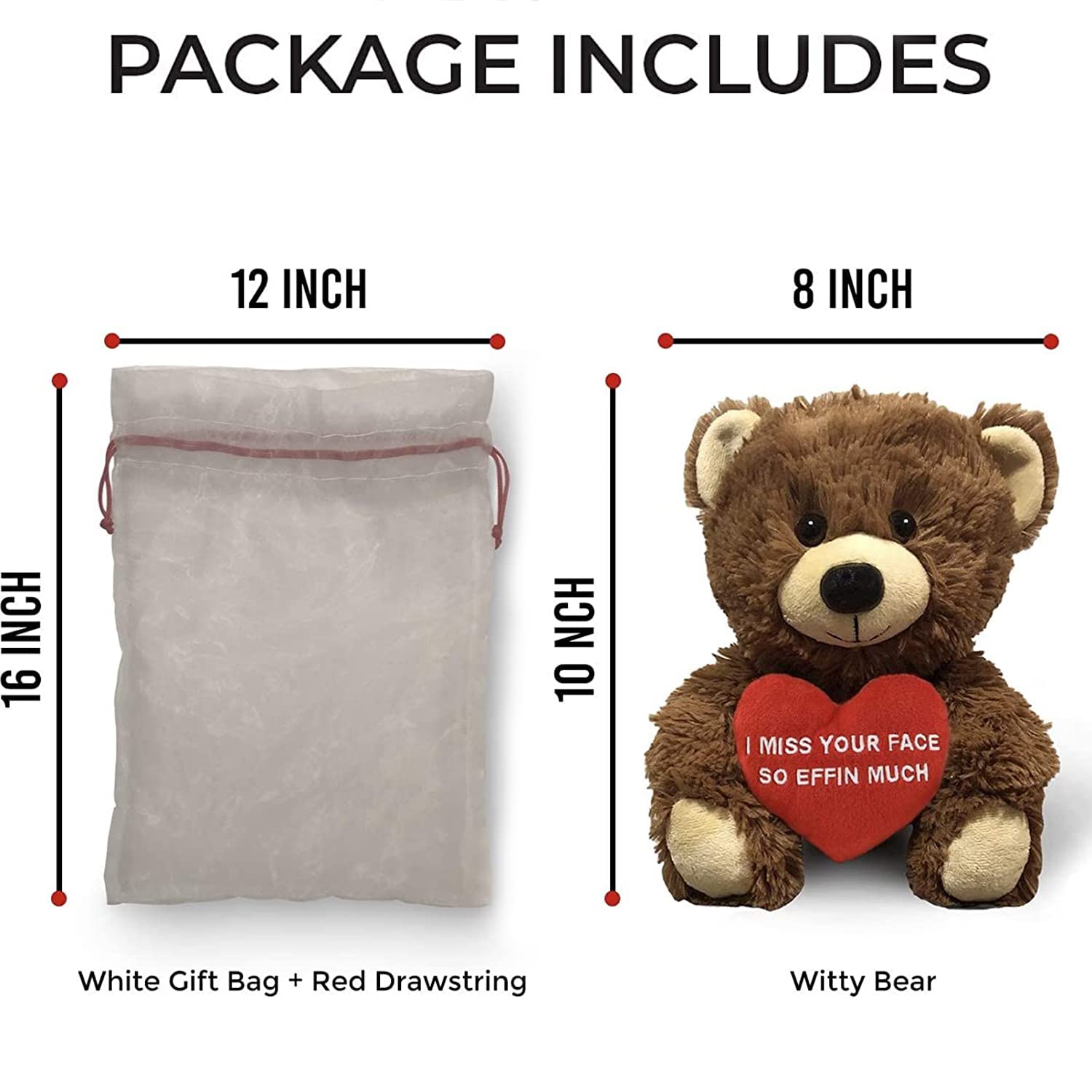 I Miss Your Face So Effin Much - 10" Teddy Bear & Gift Bag - Funny Stuffed Animal Plush Gift for Girlfriend, Boyfriend, Best Friend - Birthday, Anniversary, Valentines, or Long Distance - Witty Bears