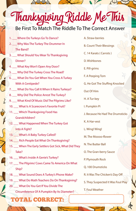 Thanksgiving Game, Printable Thanksgiving Riddle Game, Thanksgiving Party Game