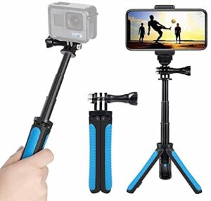 extendable mini selfie stick tripod two in one， compatible with akaso gopro hero 10/9/8/7/6/5 various action camera and cell phone accessories（blue）
