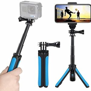 Extendable Mini Selfie Stick Tripod Two in One， Compatible with AKASO Gopro Hero 10/9/8/7/6/5 Various Action Camera and Cell Phone Accessories（Blue）