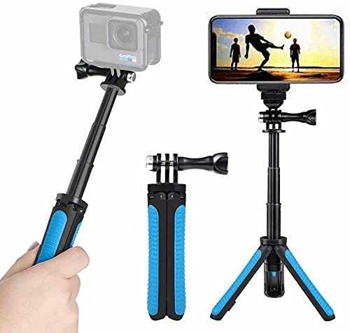 Extendable Mini Selfie Stick Tripod Two in One， Compatible with AKASO Gopro Hero 10/9/8/7/6/5 Various Action Camera and Cell Phone Accessories（Blue）