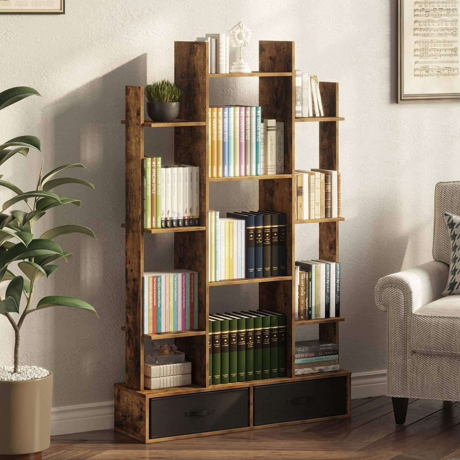 Rolanstar Bookshelf with 2Drawers, Rustic Wood Bookshelves, Free Standing Book Shelf Industrial Shelf Free Standing Storage Shelf for Bedroom, Living Room, Home Office, Rustic Brown