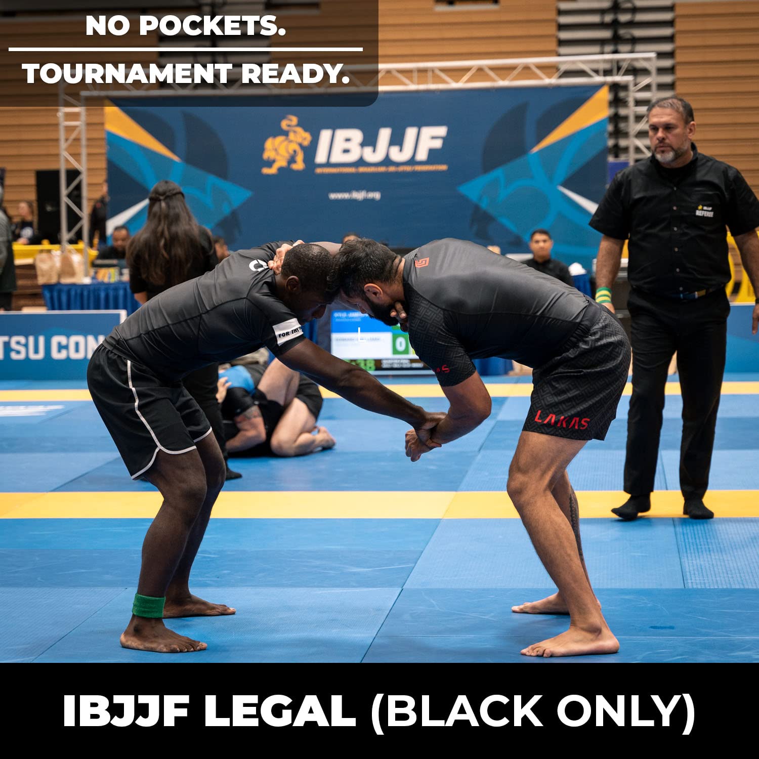 Gold BJJ Pacific Short - No-Gi Jiu Jitsu Fight Shorts (Black, Large)