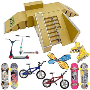 stashables finger skateboard ramp set – finger skatepark kit 16 pieces – skate park kit including skateboards, ramps, scooters, skates, bikes and caster boards – fingerboard skate set