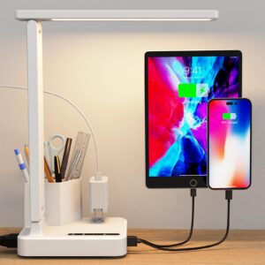 cozoo led desk lamp with 2 usb charging ports,type c port,1 ac outlet,2 pen holders,3 color temperature 3 brightness level,touch/memory/timer,10w eye protection foldable reading light,study lamp-white
