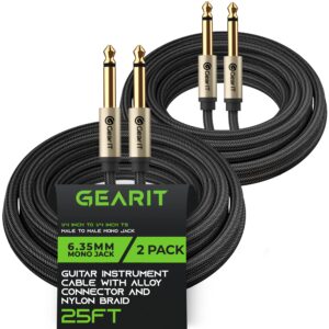 gearit guitar instrument cable (15ft 2-pack) 1/4 inch to 1/4 inch ts straight male to male 6.35mm mono jack with alloy connector and nylon braid