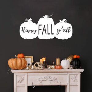 vinyl wall art decal - happy fall y'all - 22" x 46" - trendy cute autumn season pumpkins design quote sticker for office business coffee shop store school entryway door windows decor (white)