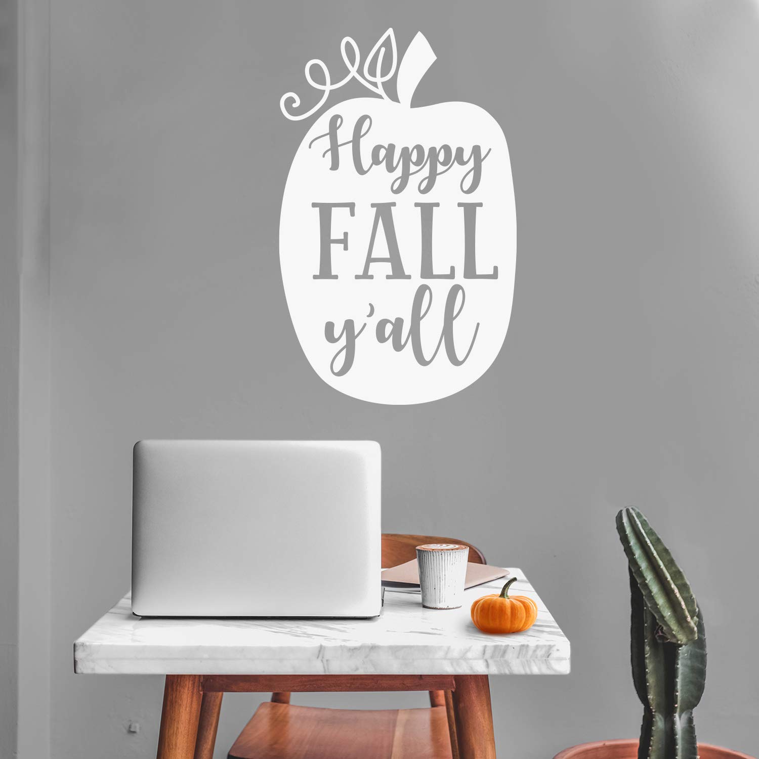 Vinyl Wall Art Decal - Happy Fall Y'all - 26.5" x 17" - Trendy Fall Season Cute Pumpkin Design Quote Sticker for Office Coffee Shop Store School Entryway Door Windows Kitchen Decor (White)