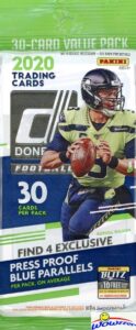 2020 donruss nfl football huge factory sealed jumbo fat pack with 30 cards including (4) exclusive blue parallels! look for rc & auto of joe burrow, justin herbert, tua tagovailoa & more! wowzzer!