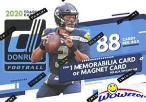 2020 donruss nfl football exclusive factory sealed retail box with memorabilia or magnet card & 11 rookies! look for rc & auto of joe burrow, justin herbert, tua tagovailoa,chase young & more! wowzzer