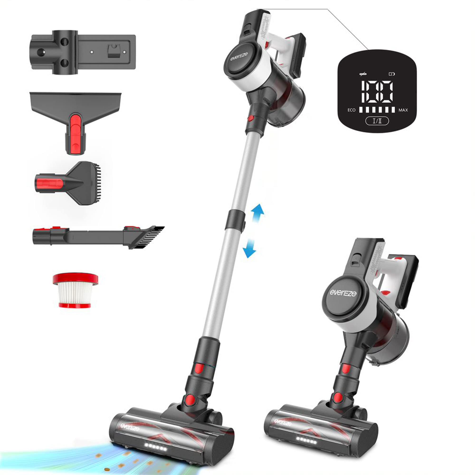 Evereze EVC3001 Cordless Stick Vacuum with 45 Minute Runtime, 1.1 Qt. Large Dust Cup, 3 in 1 Wall Mounted Accessory Storage, and LED Display