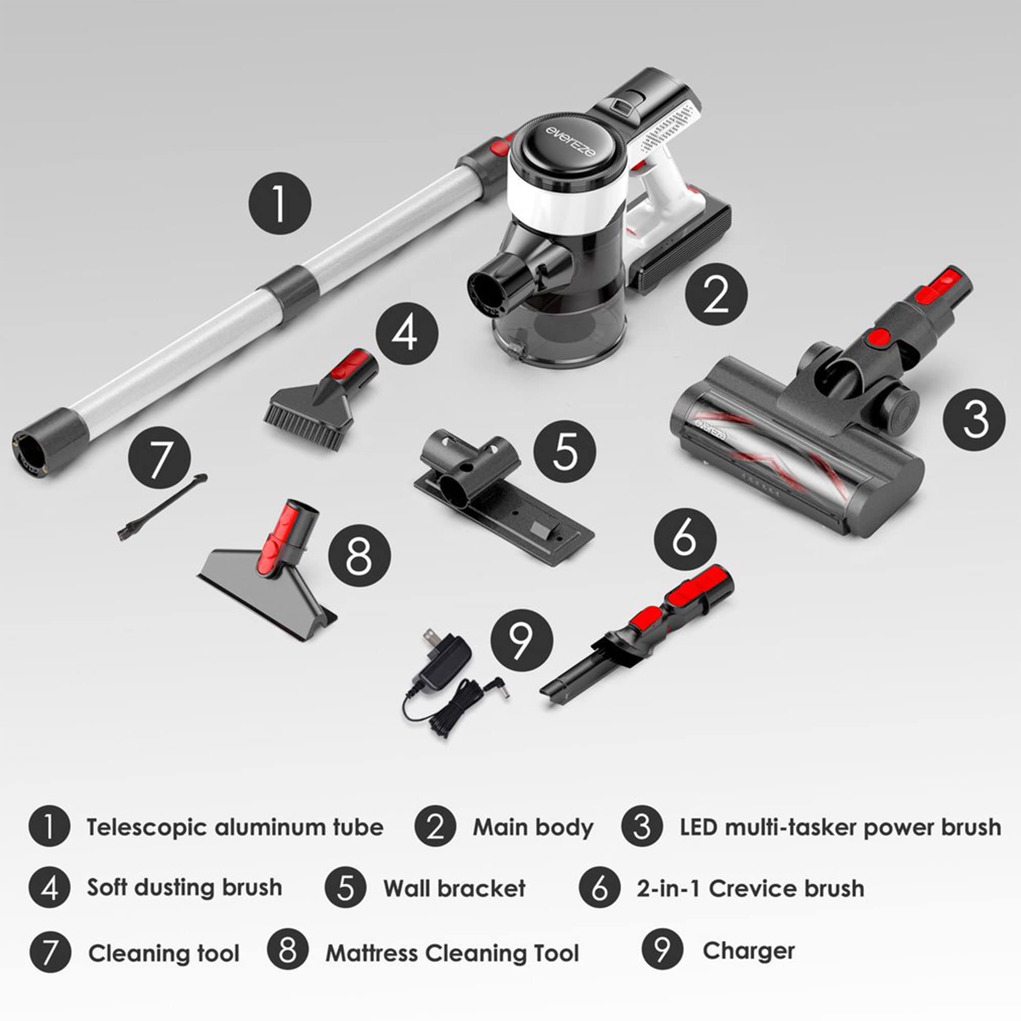 Evereze EVC3001 Cordless Stick Vacuum with 45 Minute Runtime, 1.1 Qt. Large Dust Cup, 3 in 1 Wall Mounted Accessory Storage, and LED Display