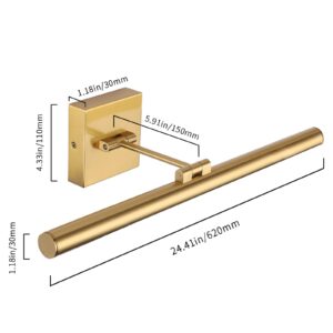 LED Picture Light Fixtures 24.4 Inches, Full Metal Artwork Wall Lamp with Single Swing Arm, 14W (70W Eqv.), Hardwire Connection, Non-Dimmable, 3000K Warm White, CRI80+, Golden-Like Brass Finish