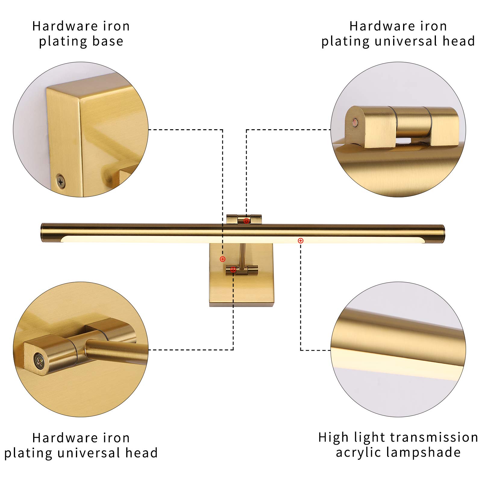 LED Picture Light Fixtures 24.4 Inches, Full Metal Artwork Wall Lamp with Single Swing Arm, 14W (70W Eqv.), Hardwire Connection, Non-Dimmable, 3000K Warm White, CRI80+, Golden-Like Brass Finish