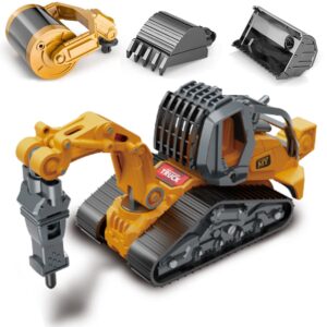 gemini&genius construction truck 4 in 1 excavator with metal loader shovel, roller shovel and impact hammer construction vehicle die-cast toys for kids (wheeled with tracked)