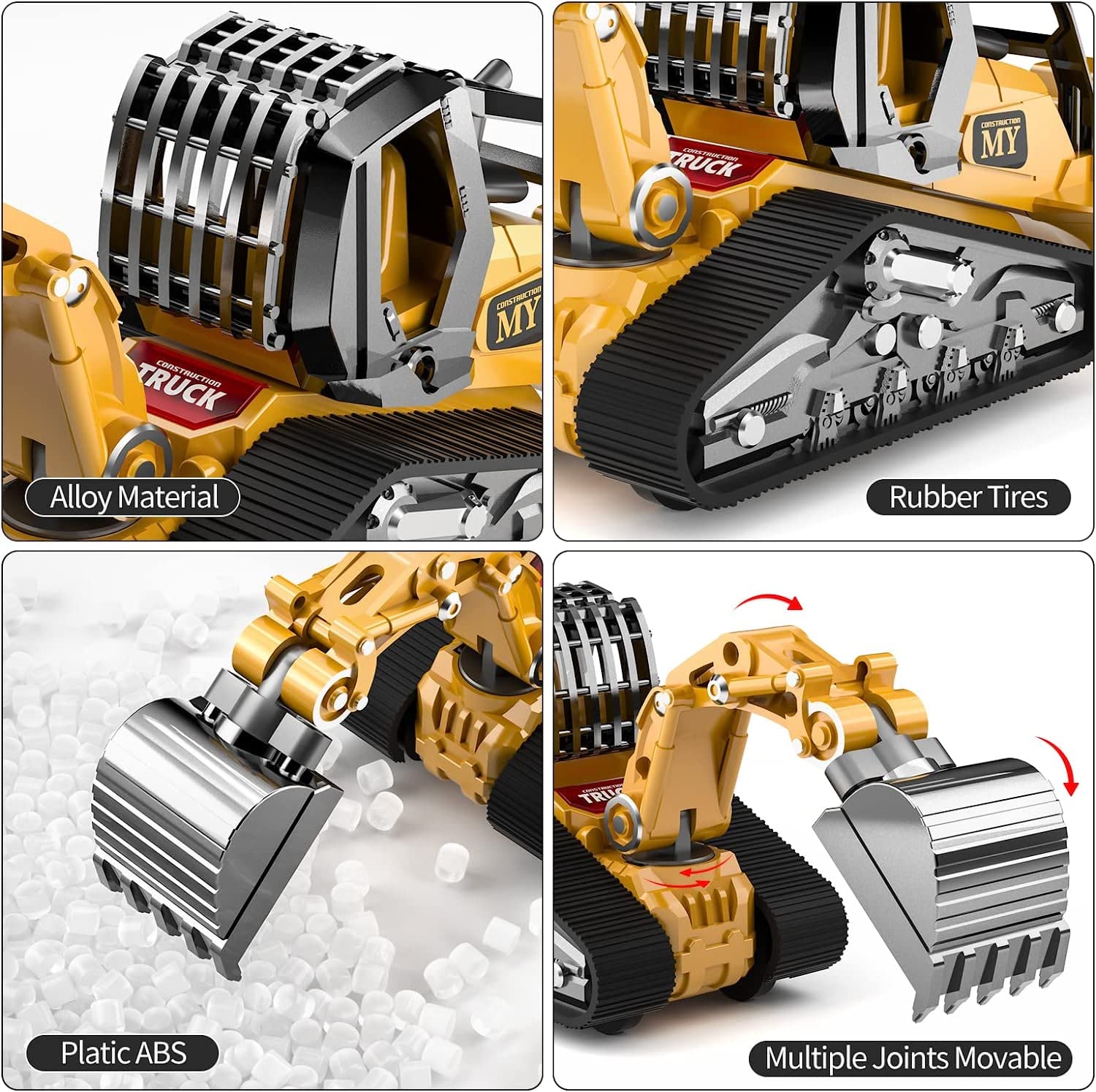 Gemini&Genius Construction Truck 4 in 1 Excavator with Metal Loader Shovel, Roller Shovel and Impact Hammer Construction Vehicle Die-cast Toys for Kids (Wheeled with Tracked)