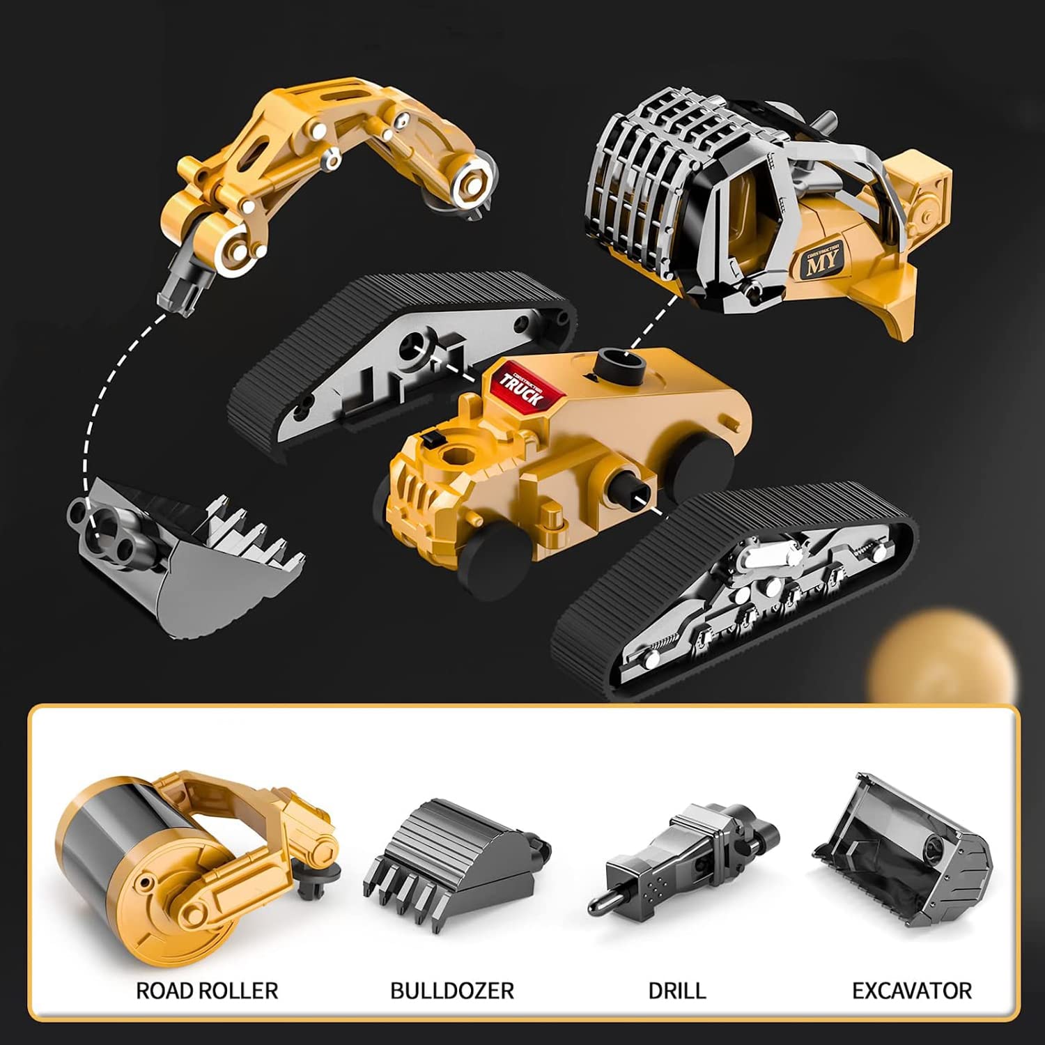 Gemini&Genius Construction Truck 4 in 1 Excavator with Metal Loader Shovel, Roller Shovel and Impact Hammer Construction Vehicle Die-cast Toys for Kids (Wheeled with Tracked)