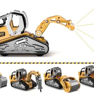 Gemini&Genius Construction Truck 4 in 1 Excavator with Metal Loader Shovel, Roller Shovel and Impact Hammer Construction Vehicle Die-cast Toys for Kids (Wheeled with Tracked)