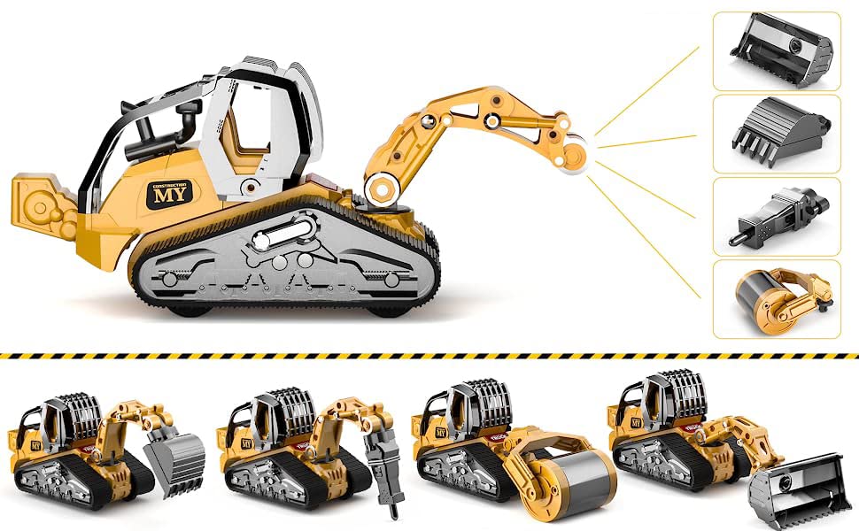 Gemini&Genius Construction Truck 4 in 1 Excavator with Metal Loader Shovel, Roller Shovel and Impact Hammer Construction Vehicle Die-cast Toys for Kids (Wheeled with Tracked)