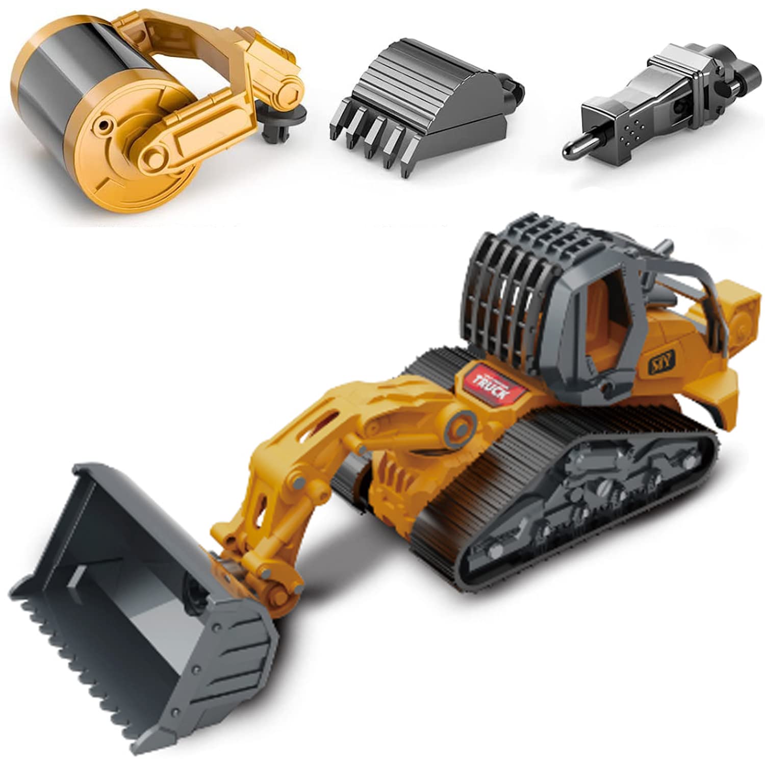 Gemini&Genius Construction Truck 4 in 1 Excavator with Metal Loader Shovel, Roller Shovel and Impact Hammer Construction Vehicle Die-cast Toys for Kids (Wheeled with Tracked)