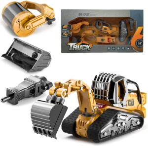 Gemini&Genius Construction Truck 4 in 1 Excavator with Metal Loader Shovel, Roller Shovel and Impact Hammer Construction Vehicle Die-cast Toys for Kids (Wheeled with Tracked)