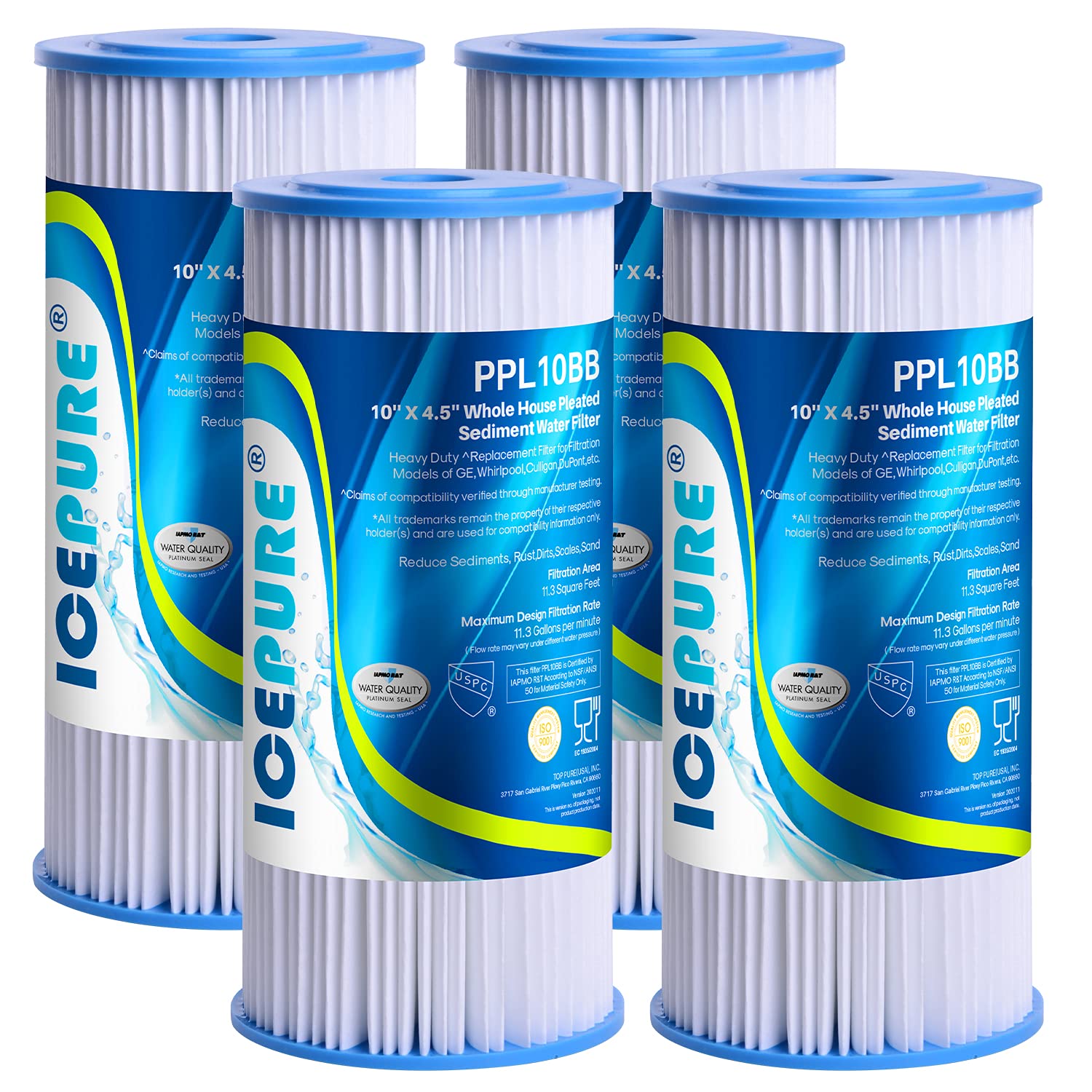 10" x 4.5" Whole House Pleated Sediment Water Filter Replacement for GE FXHSC, Culligan R50-BBSA, Pentek R50-BB, DuPont WFHDC3001, W50PEHD, GXWH40L, GXWH35F, for Well Water, Pack of 4