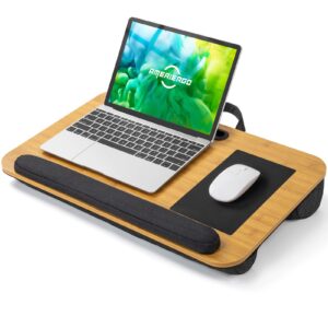 ameriergo lap desk - fits up to 17 inch laptop lap desk with wrist rest & built-in mouse pad, portable laptop stand for sofa & bed, multifunctional slot for tablet, pen & phone (natural wood)
