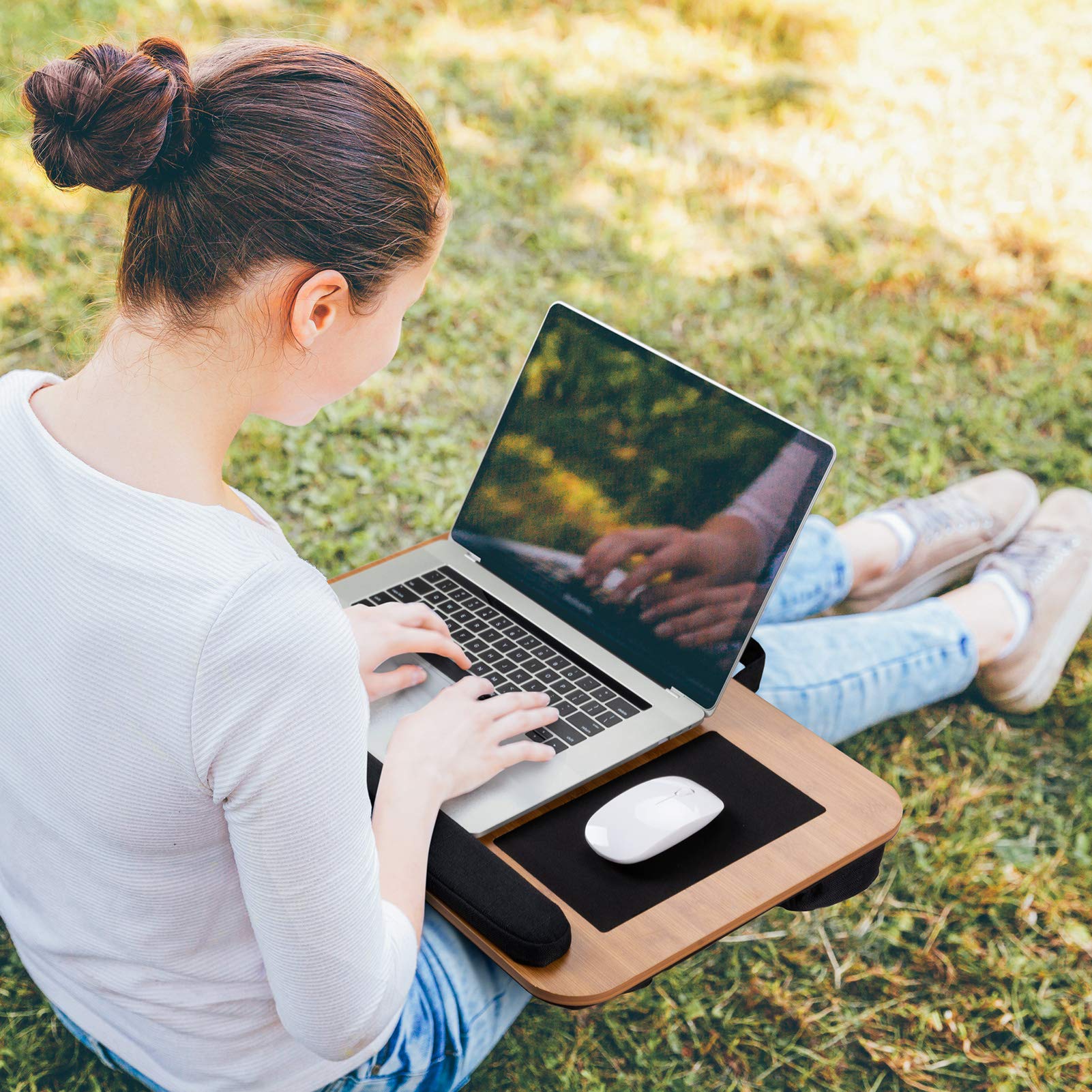 AMERIERGO Lap Desk - Fits Up to 17 Inch Laptop Lap Desk with Wrist Rest & Built-in Mouse Pad, Portable Laptop Stand for Sofa & Bed, Multifunctional Slot for Tablet, Pen & Phone (Natural Wood)