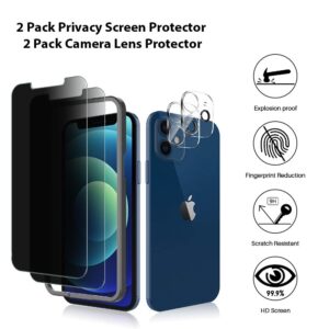 MP-MALL [2+2 Pack] 2 Pack Privacy Screen Protector + 2 Pack Camera Lens Protector Designed for iPhone 12 Mini 5G 5.4-inch, Not Fit for iPhone 12, Tempered Glass 9H Hardness